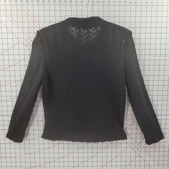 Kimberly Black Open-Knit Brass Button Long Sleeve Cardigan – Chic Vintage Layer - Picture 3 of 12